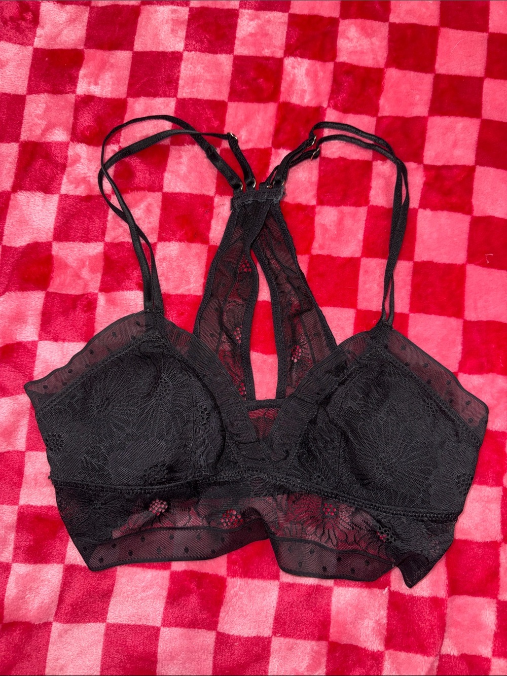 aerie Black Lace Bralette with Mesh Flowers and Polka-Dot Trim